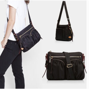 MZ WALLACE Paige Black Nylon Leather Gold Hardware Small Shoulder Bag Crossbody